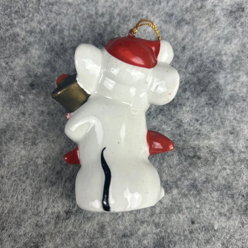 Lot of 7 Vintage Christmas Ornament Mouse with Bell Red White Ceramic Tree Decor